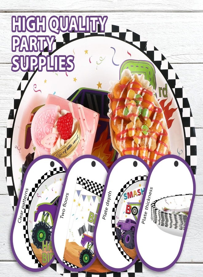 Grencian 96 Pcs Monster Theme Truck 3rd Birthday Party Supplies Green Purple Truck Plates and Napkins Checkered Tableware Set Monster Birthday Decorations for 3rd Kids Boys Monster Themed Truck Party Serves 24 - Image 5